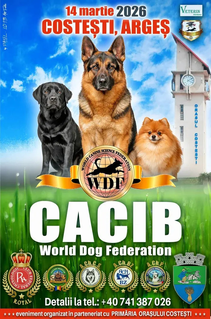 Afiș CACIB Costești — WDF Argeș Dog Show, 14 martie 2026