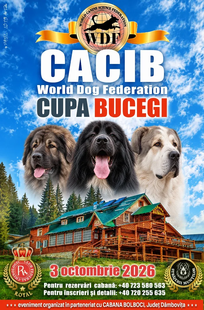 Afiș CACIB WDF „Cupa Bucegi” — Străjerii Munților, Cabana Bolboci, 3 octombrie 2026